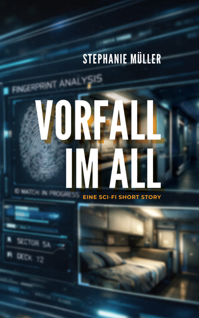 Buchcover von Vorfall im All - Eine Sci-Fi Short Story von Stephanie Müller. Im Hintergrund sind verschwommen futuristische Computerscreens zu sehen mit Überwachungskamerabildern und Analysen.